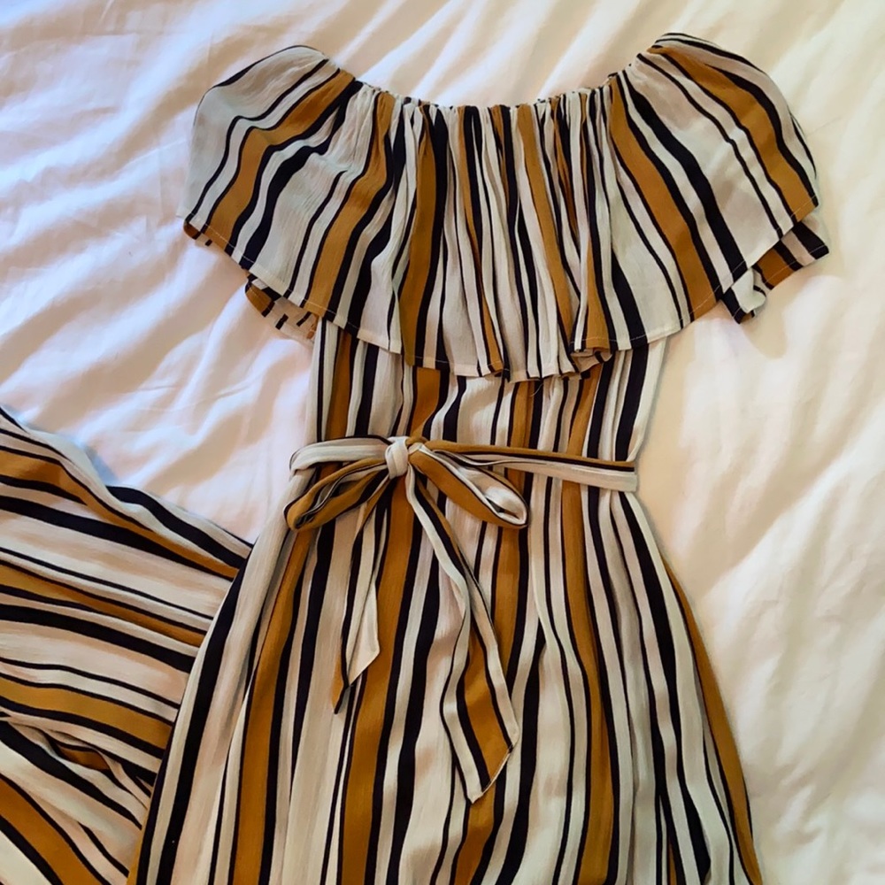 Romeo & Juliet Couture Striped Off-Shoulder Maxi Dress in Mustard, Black & Cream